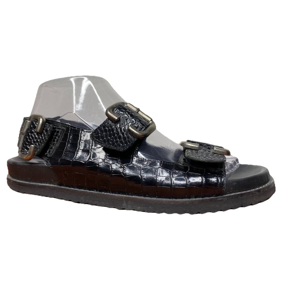 Freda Salvador Piper Leather Sandal Women's 7 Black Croc Pattern Slingback Flat - Picture 2 of 10